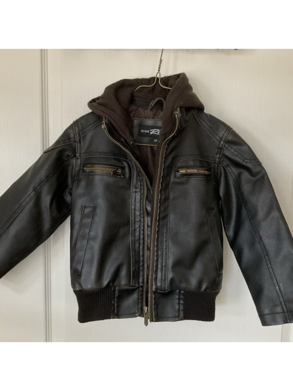 Black Rivet Size 3T Childs Faux Leather Bomber Jacket Black Color w Zip Out Hood